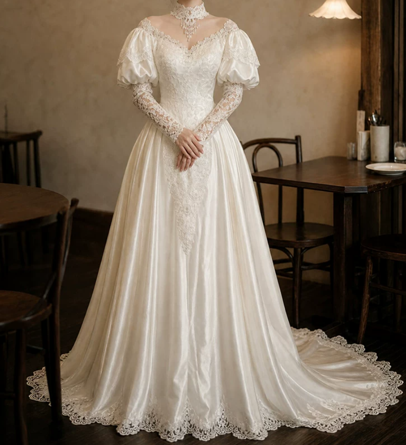 Luxurious Illusion Neck Satin Wedding Dresses Long Sleeve Appliques Lace A-Line Bridal Dress C9764