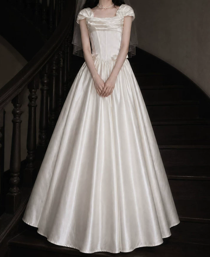 Graceful Square Neck Bow Wedding Dresses Satin A-Line Bridal Dress C9765