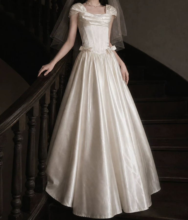 Graceful Square Neck Bow Wedding Dresses Satin A-Line Bridal Dress C9765