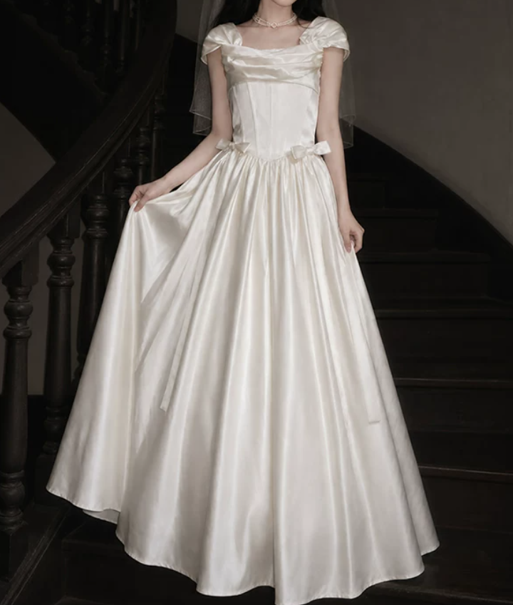 Graceful Square Neck Bow Wedding Dresses Satin A-Line Bridal Dress C9765