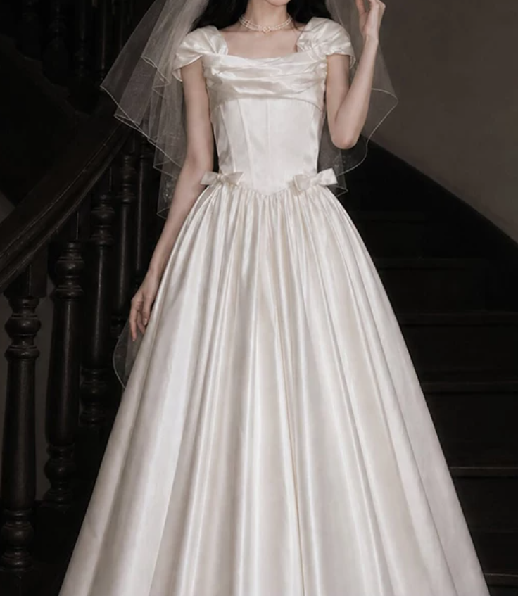 Graceful Square Neck Bow Wedding Dresses Satin A-Line Bridal Dress C9765