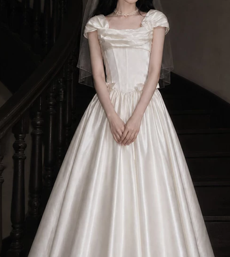 Graceful Square Neck Bow Wedding Dresses Satin A-Line Bridal Dress C9765