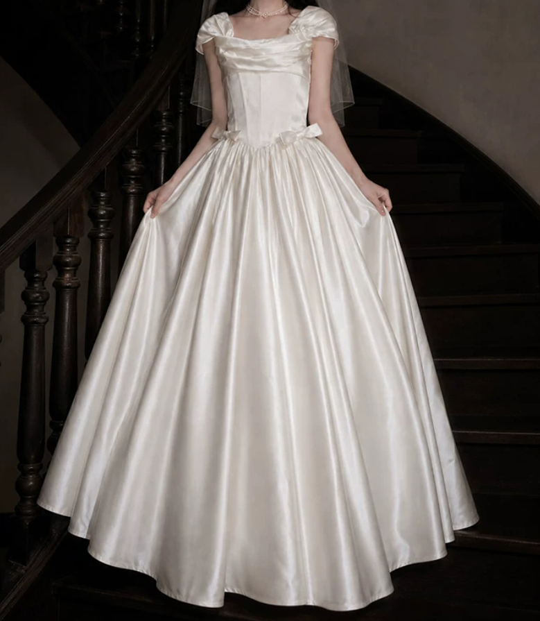 Graceful Square Neck Bow Wedding Dresses Satin A-Line Bridal Dress C9765