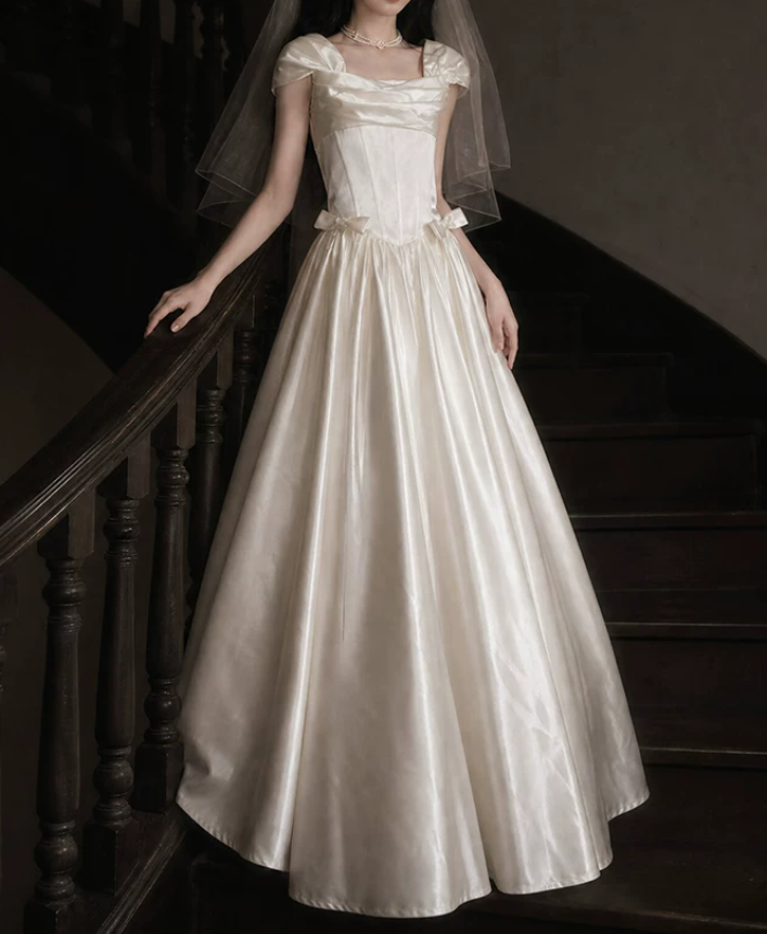 Graceful Square Neck Bow Wedding Dresses Satin A-Line Bridal Dress C9765
