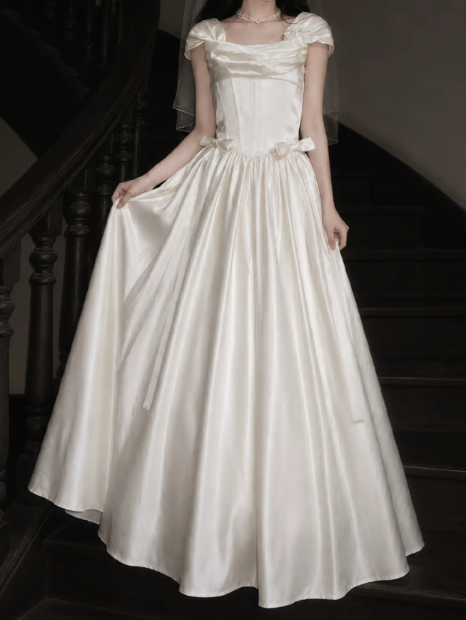 Graceful Square Neck Bow Wedding Dresses Satin A-Line Bridal Dress C9765