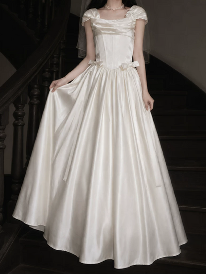 Graceful Square Neck Bow Wedding Dresses Satin A-Line Bridal Dress C9765
