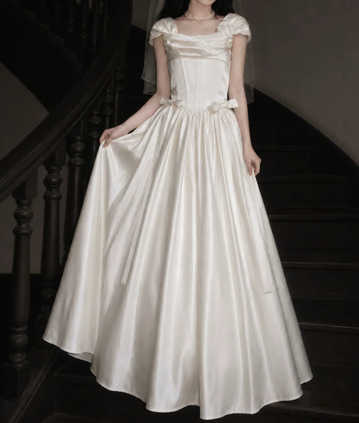 Graceful Square Neck Bow Wedding Dresses Satin A-Line Bridal Dress C9765
