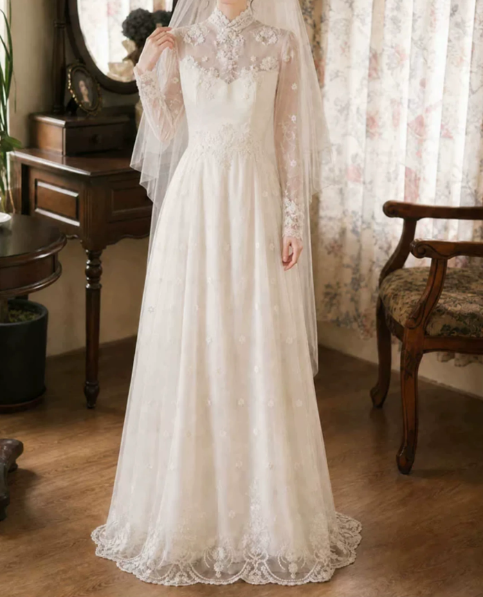 Classical High Collar Wedding Dresses Long Sleeve Lace A-Line Bridal Dress C9767