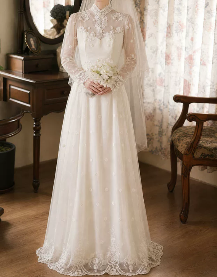 Classical High Collar Wedding Dresses Long Sleeve Lace A-Line Bridal Dress C9767