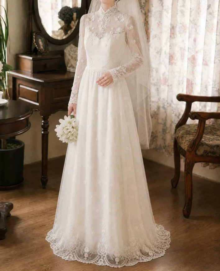 Classical High Collar Wedding Dresses Long Sleeve Lace A-Line Bridal Dress C9767
