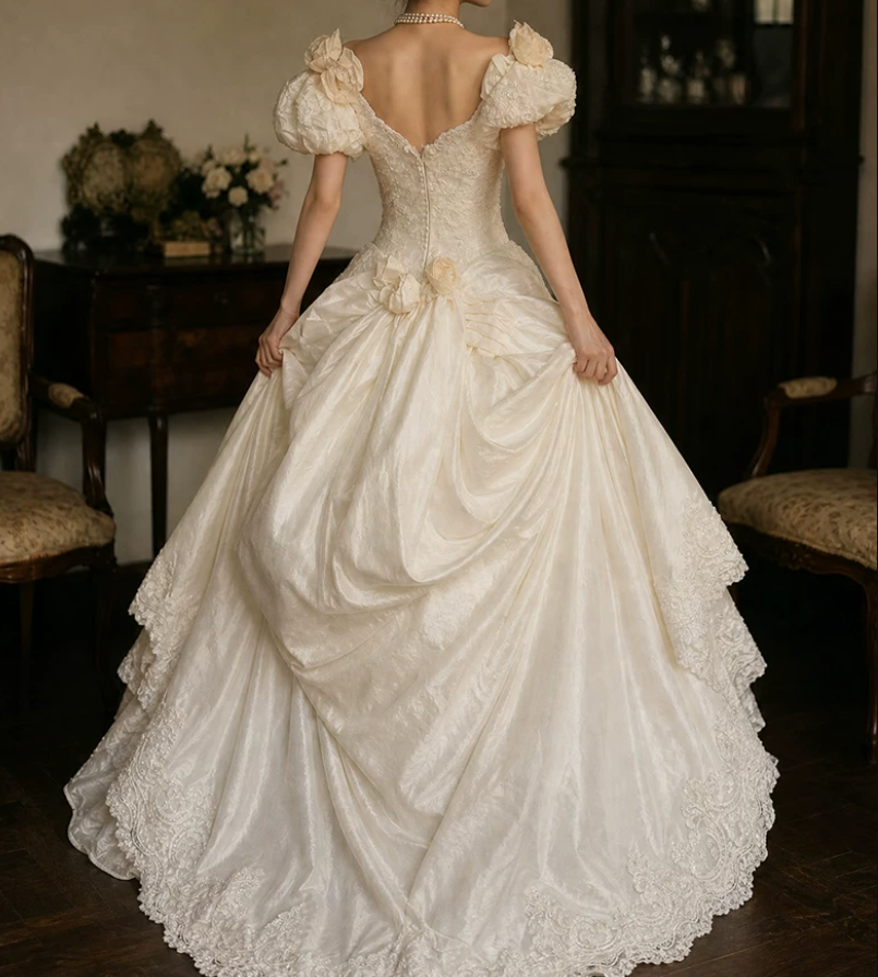 Romantic Short Sleeve Ivory Ball Gown Square Neck Appliques Sweet 16 Dresses C9769