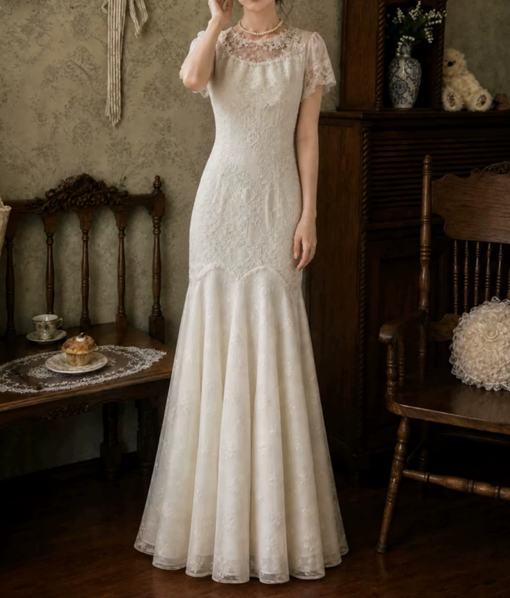 Enchanting Jewel Neck Wedding Dresses Lace Short Sleeve Mermaid Bridal Dress C9777