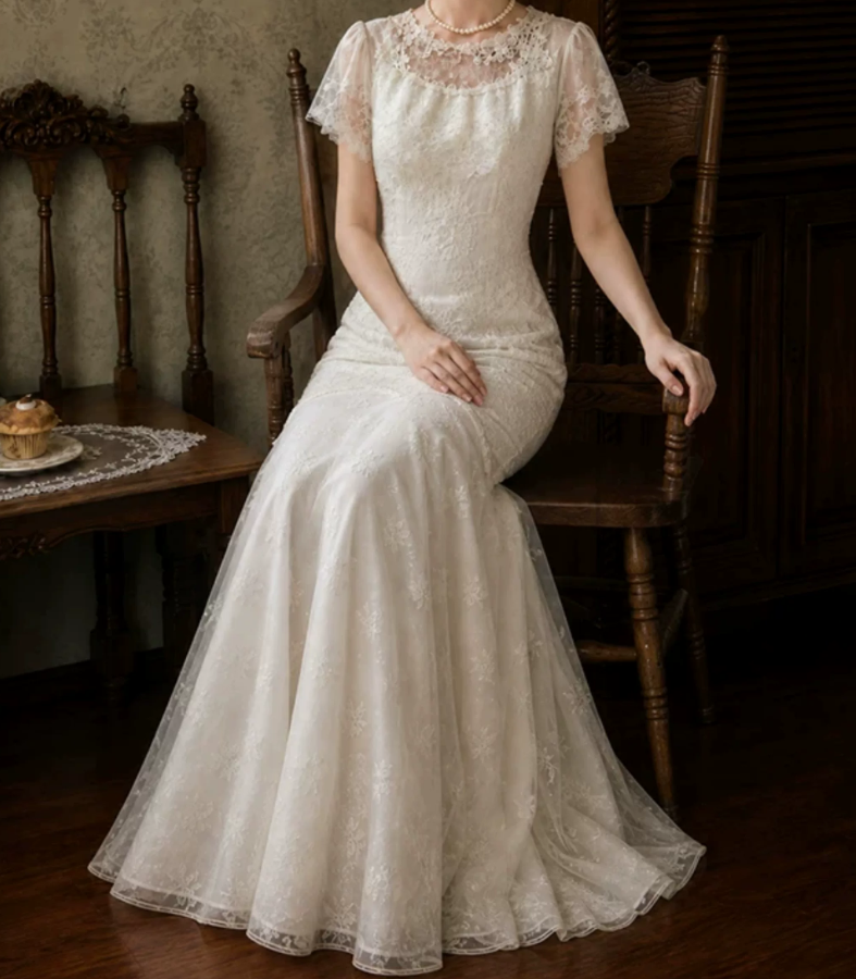 Enchanting Jewel Neck Wedding Dresses Lace Short Sleeve Mermaid Bridal Dress C9777