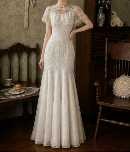 Enchanting Jewel Neck Wedding Dresses Lace Short Sleeve Mermaid Bridal Dress C9777