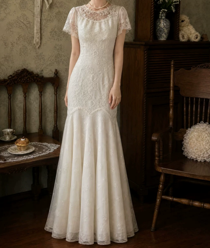 Enchanting Jewel Neck Wedding Dresses Lace Short Sleeve Mermaid Bridal Dress C9777