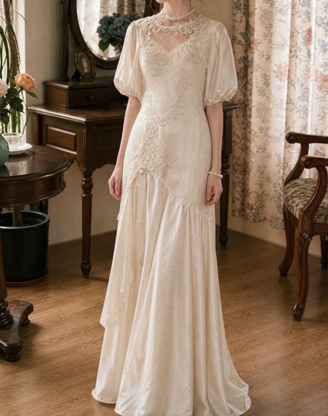 Classical Jewel Neck Satin Wedding Dresses Appliques Short Sleeve Mermaid Bridal Dress C9779