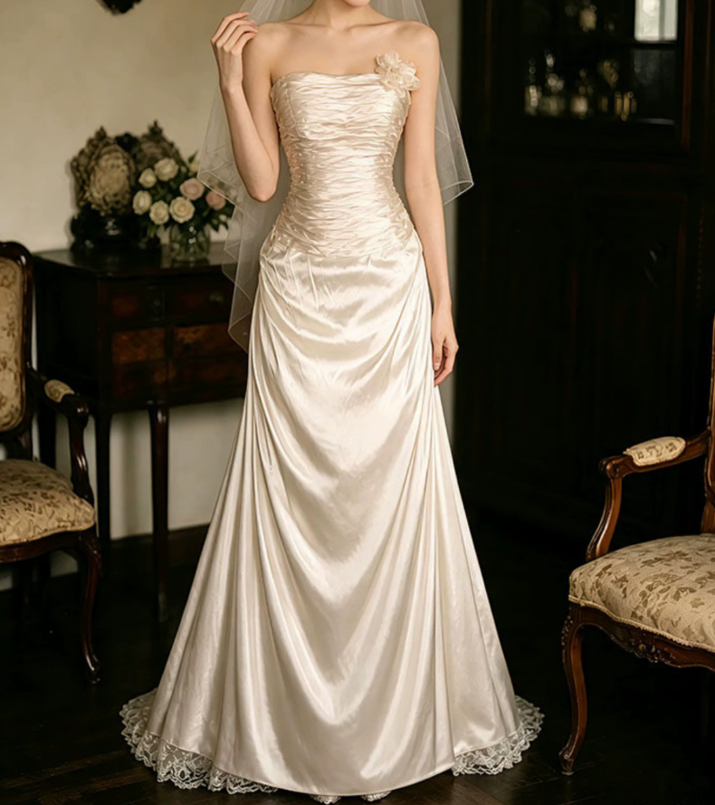 Superbe robe de mariée sirène bustier en satin et tulle, longue et en dentelle, C4563