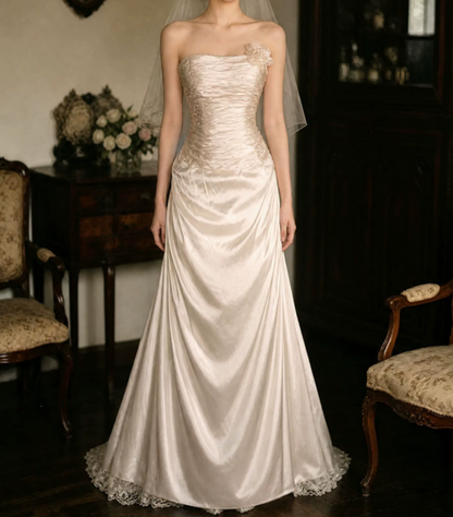 Superbe robe de mariée sirène bustier en satin et tulle, longue et en dentelle, C4563