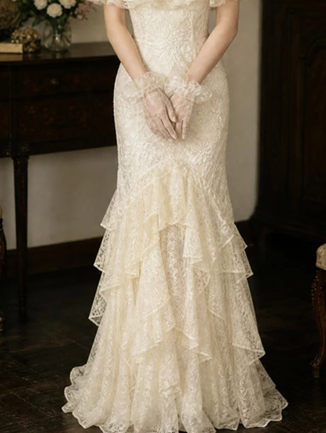 Superbe robe de mariée sirène bustier en satin et tulle, longue et en dentelle, C4563