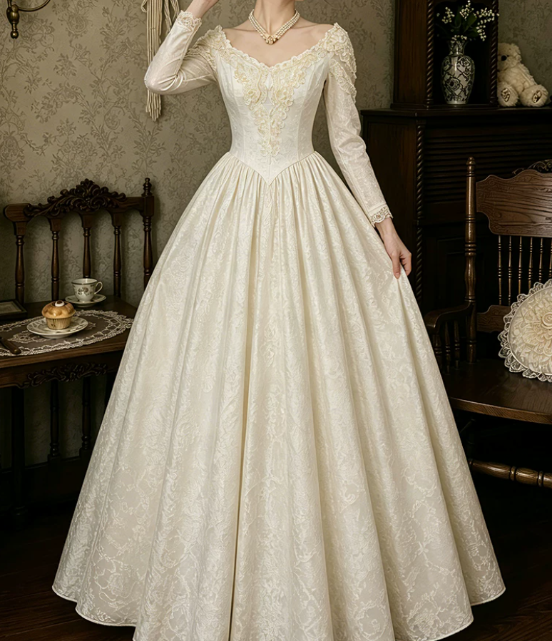 Fascinating V Neck Wedding Dresses Long Sleeve Appliques A-Line Bridal Dress C9784