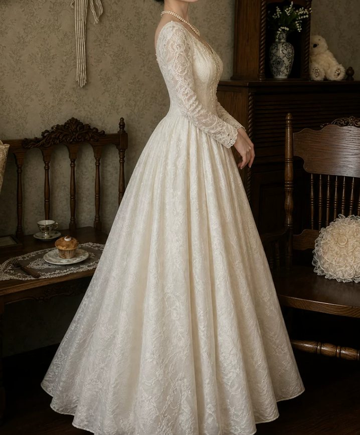 Fascinating V Neck Wedding Dresses Long Sleeve Appliques A-Line Bridal Dress C9784