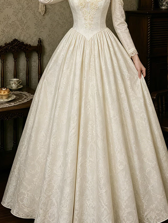 Fascinating V Neck Wedding Dresses Long Sleeve Appliques A-Line Bridal Dress C9784