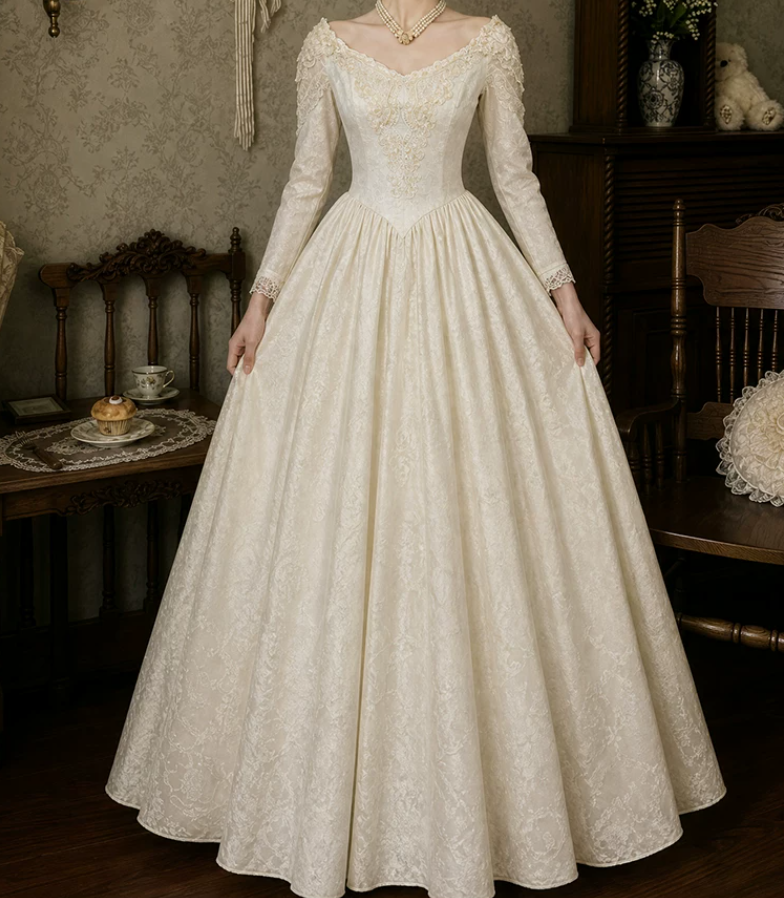 Fascinating V Neck Wedding Dresses Long Sleeve Appliques A-Line Bridal Dress C9784