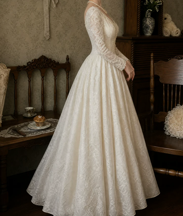 Fascinating V Neck Wedding Dresses Long Sleeve Appliques A-Line Bridal Dress C9784