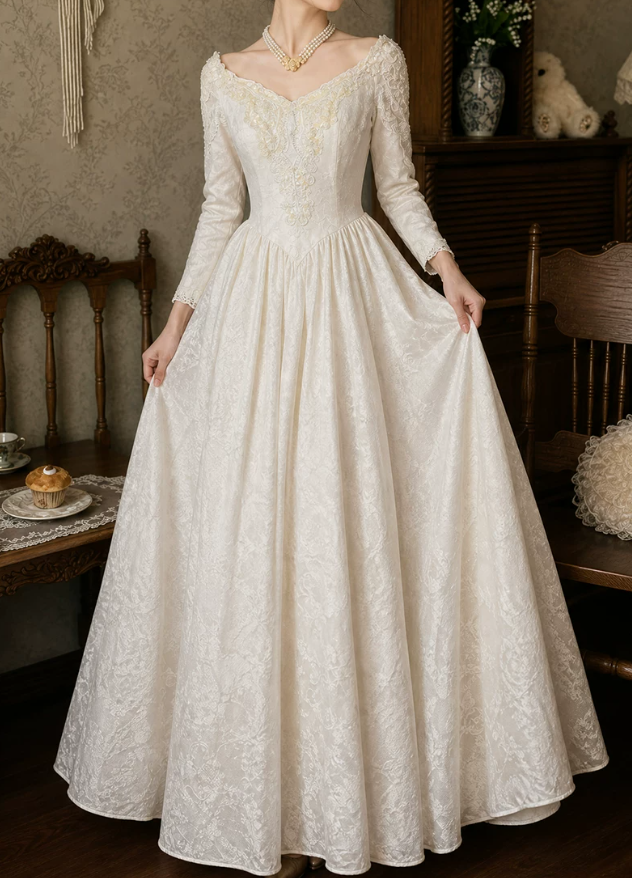 Fascinating V Neck Wedding Dresses Long Sleeve Appliques A-Line Bridal Dress C9784