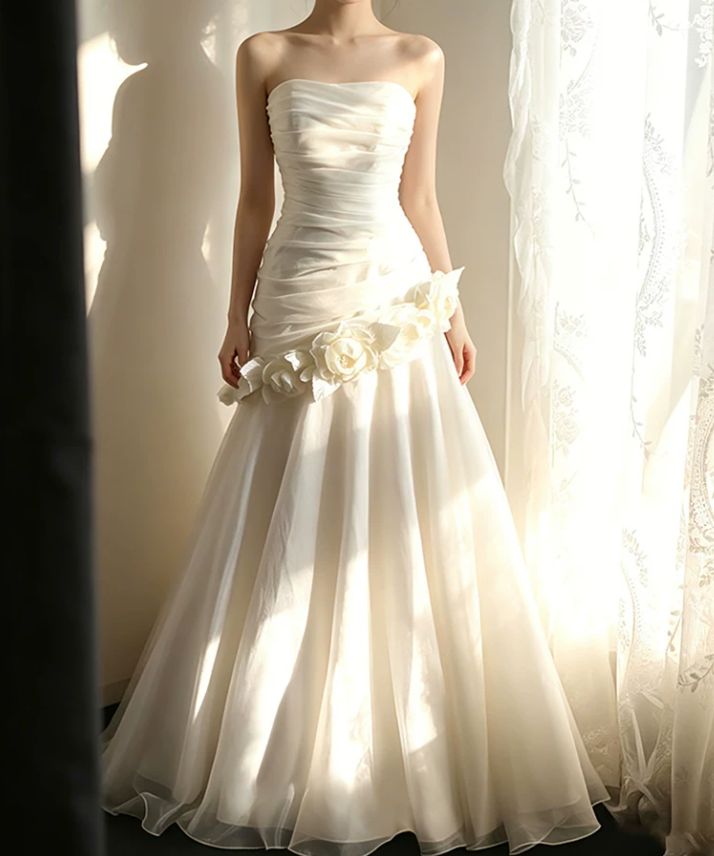 Superbe robe de mariée sirène bustier en satin et tulle, longue et en dentelle, C4563