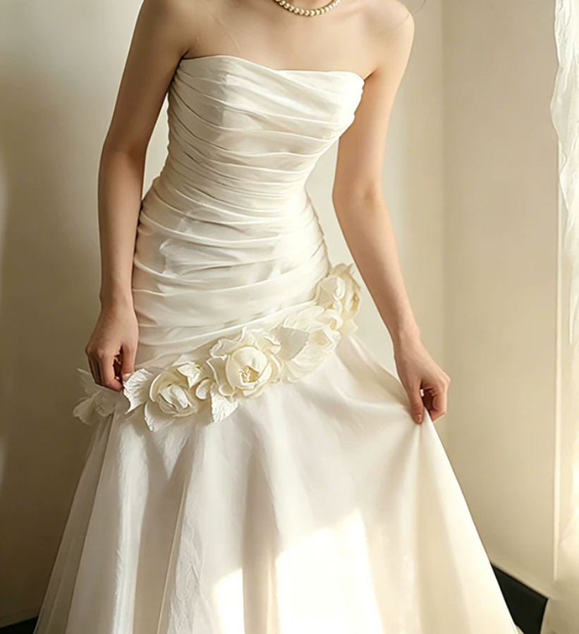 Superbe robe de mariée sirène bustier en satin et tulle, longue et en dentelle, C4563