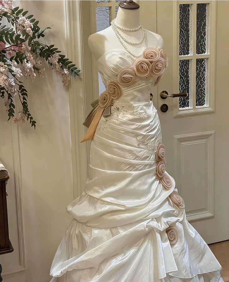 Superbe robe de mariée sirène bustier en satin et tulle, longue et en dentelle, C4563