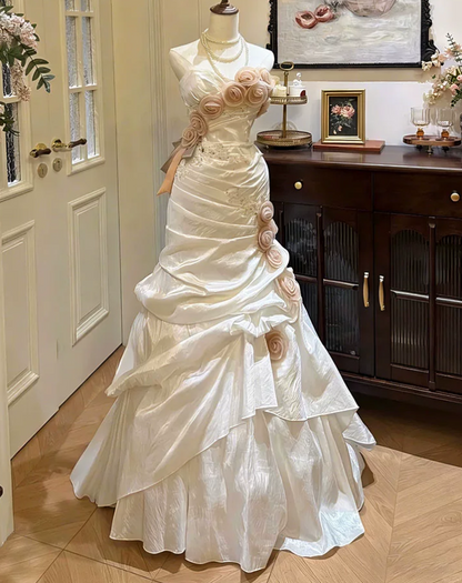 Superbe robe de mariée sirène bustier en satin et tulle, longue et en dentelle, C4563