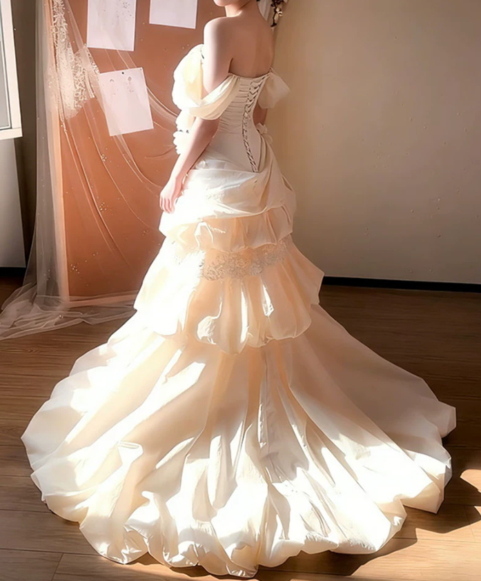 Sweet Strapless Ivory Prom Dress Flowers Tiered Mermaid Evening Dress C9791
