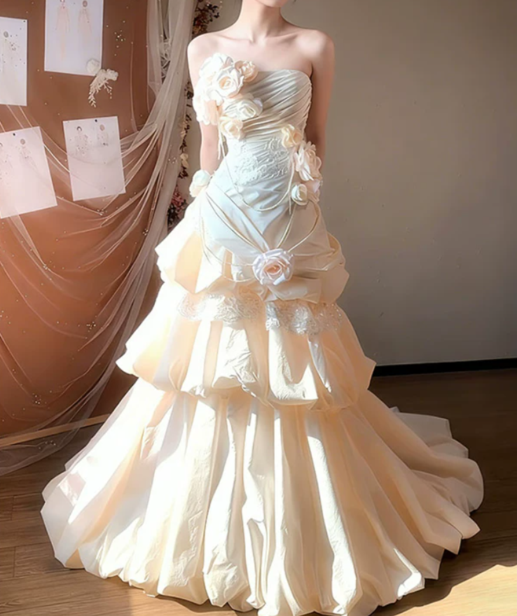 Sweet Strapless Ivory Prom Dress Flowers Tiered Mermaid Evening Dress C9791