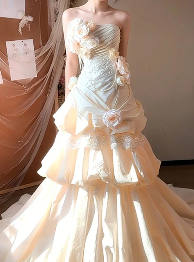 Sweet Strapless Ivory Prom Dress Flowers Tiered Mermaid Evening Dress C9791