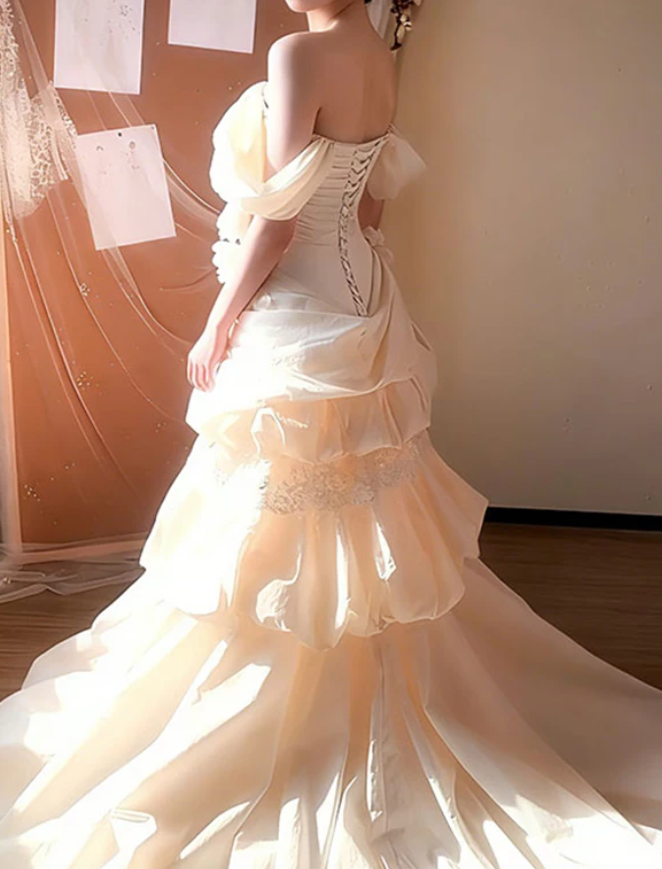 Sweet Strapless Ivory Prom Dress Flowers Tiered Mermaid Evening Dress C9791