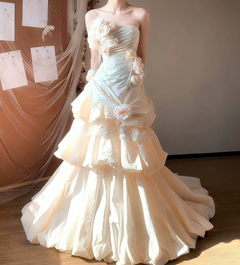 Sweet Strapless Ivory Prom Dress Flowers Tiered Mermaid Evening Dress C9791