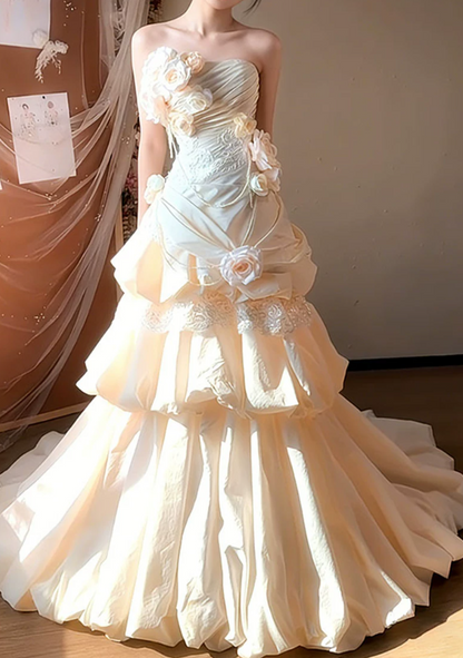 Sweet Strapless Ivory Prom Dress Flowers Tiered Mermaid Evening Dress C9791