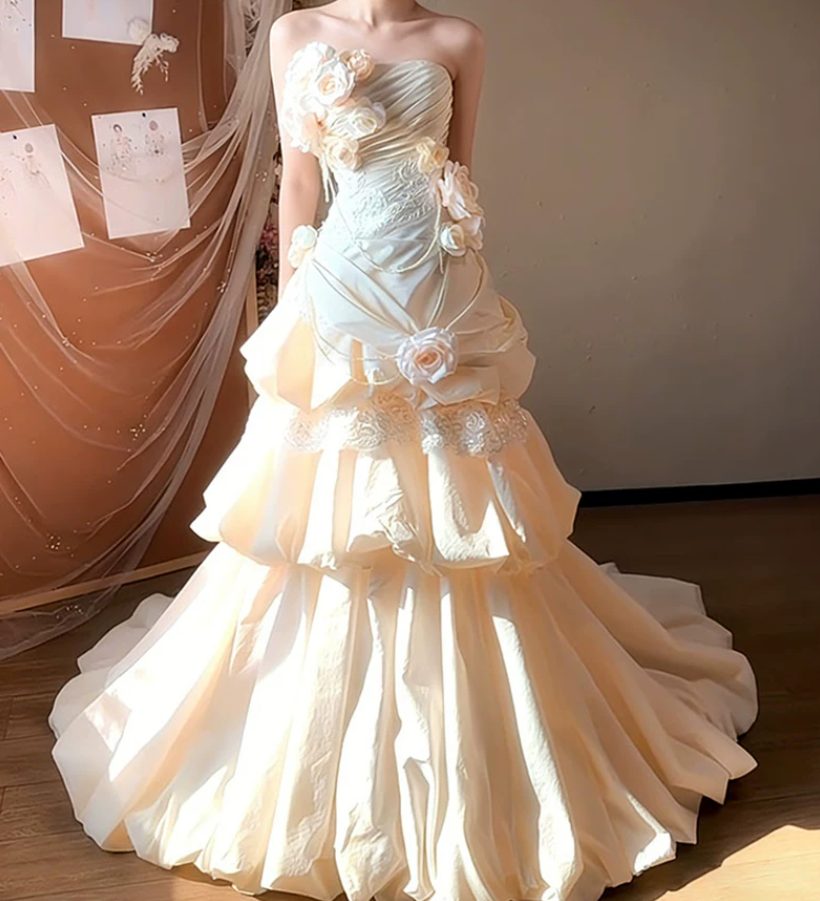 Sweet Strapless Ivory Prom Dress Flowers Tiered Mermaid Evening Dress C9791