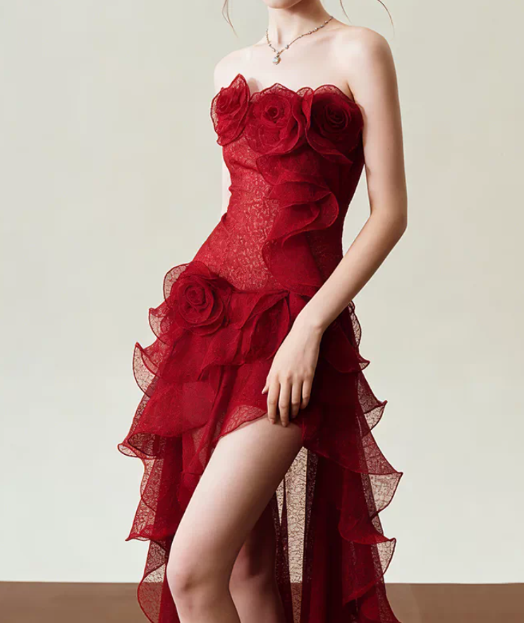 Alluring Strapless Red Homecoming Dress Flowers Ruffles Sheath Birthday Dress C9794