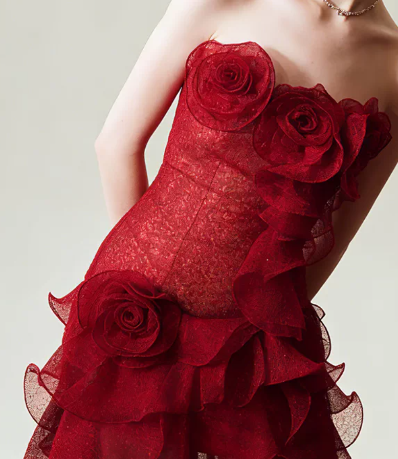 Alluring Strapless Red Homecoming Dress Flowers Ruffles Sheath Birthday Dress C9794