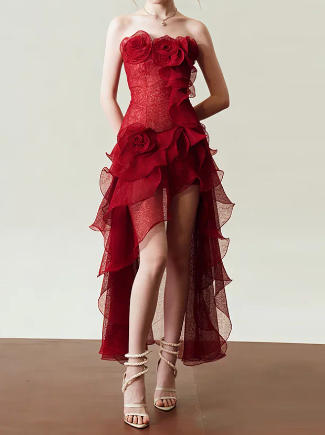 Alluring Strapless Red Homecoming Dress Flowers Ruffles Sheath Birthday Dress C9794