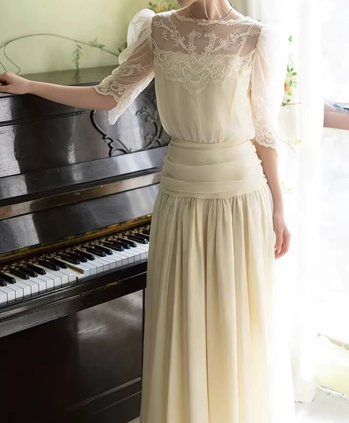 Glam Jewel Neck Wedding Dresses Lace Short Sleeve A-Line Bridal Dress C9797