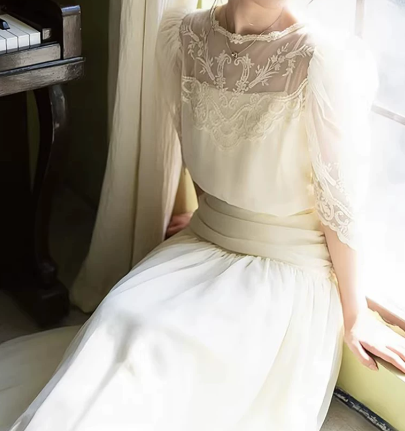 Glam Jewel Neck Wedding Dresses Lace Short Sleeve A-Line Bridal Dress C9797
