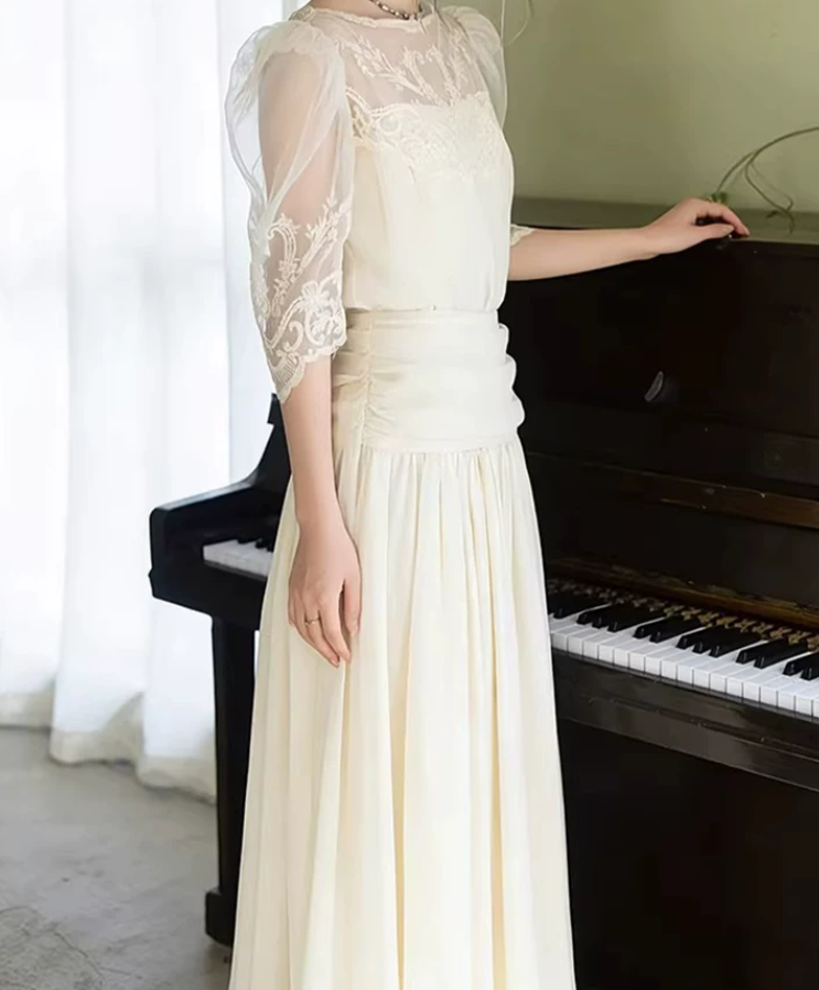 Glam Jewel Neck Wedding Dresses Lace Short Sleeve A-Line Bridal Dress C9797