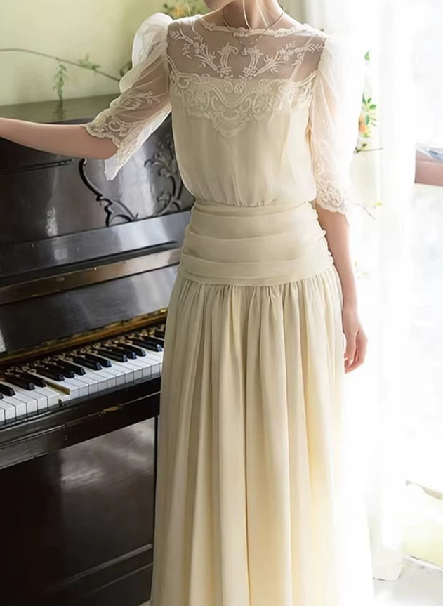 Glam Jewel Neck Wedding Dresses Lace Short Sleeve A-Line Bridal Dress C9797