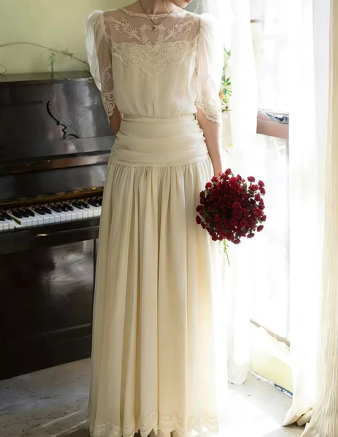 Glam Jewel Neck Wedding Dresses Lace Short Sleeve A-Line Bridal Dress C9797