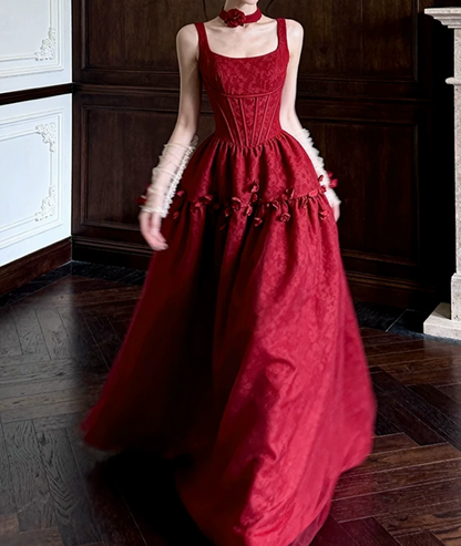 Gorgeous Spaghetti Straps Red Prom Dress Jacquard Floral A-Line Evening Dress C9799