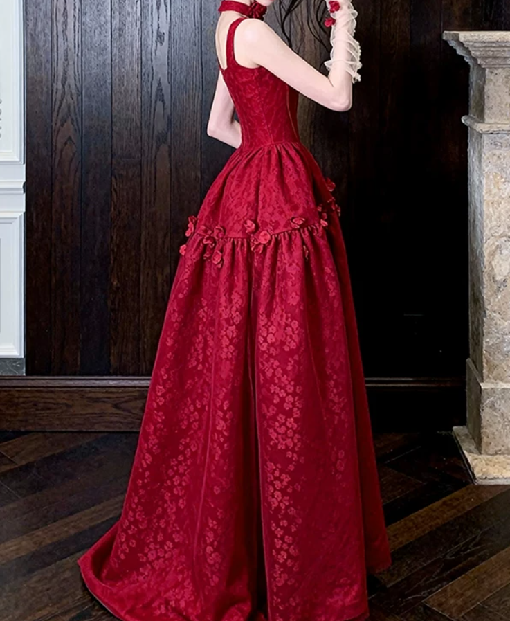 Gorgeous Spaghetti Straps Red Prom Dress Jacquard Floral A-Line Evening Dress C9799